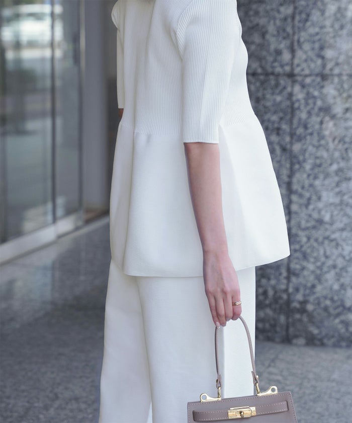 レディース 半袖 サマーニット セットアップ きれいめ 洗える ホワイト ネイビー ブラック M ペプラム 半袖