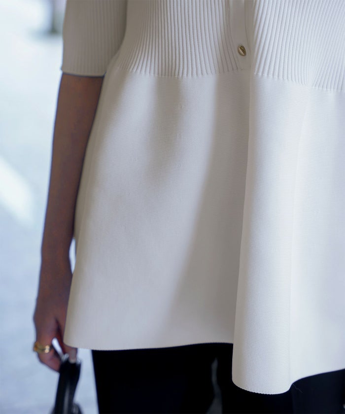 レディース 半袖 サマーニット セットアップ きれいめ 洗える ホワイト ネイビー ブラック M ペプラム 半袖