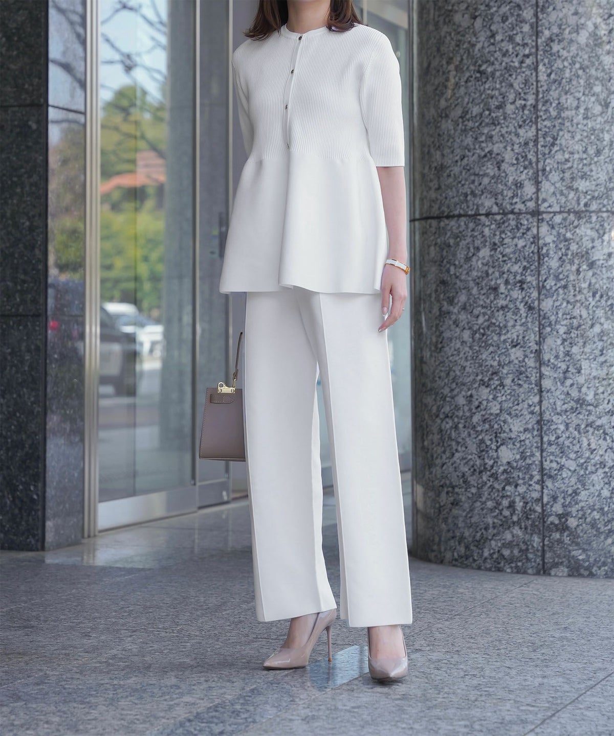 レディース 半袖 サマーニット セットアップ きれいめ 洗える ホワイト ネイビー ブラック M ペプラム 半袖