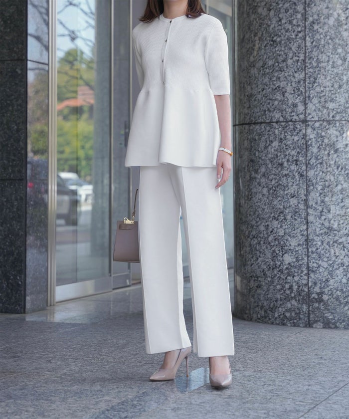 レディース 半袖 サマーニット セットアップ きれいめ 洗える ホワイト ネイビー ブラック M ペプラム 半袖