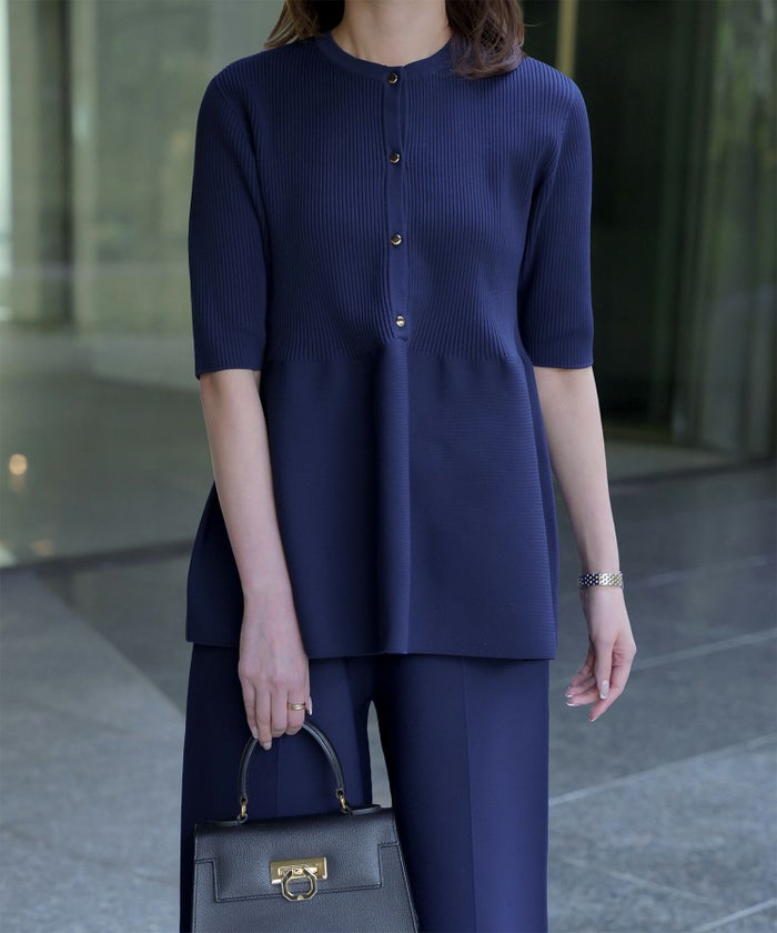 レディース 半袖 サマーニット セットアップ きれいめ 洗える ホワイト ネイビー ブラック M ペプラム 半袖