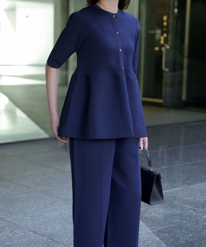 レディース 半袖 サマーニット セットアップ きれいめ 洗える ホワイト ネイビー ブラック M ペプラム 半袖