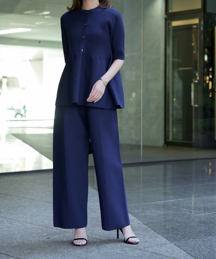 レディース 半袖 サマーニット セットアップ きれいめ 洗える ホワイト ネイビー ブラック M ペプラム 半袖