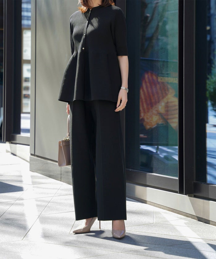 レディース 半袖 サマーニット セットアップ きれいめ 洗える ホワイト ネイビー ブラック M ペプラム 半袖