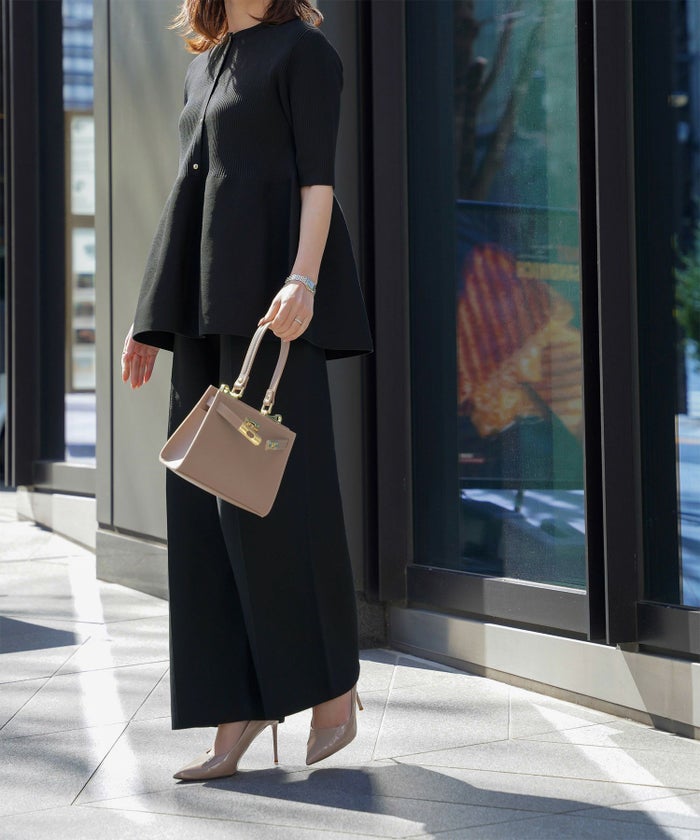 レディース 半袖 サマーニット セットアップ きれいめ 洗える ホワイト ネイビー ブラック M ペプラム 半袖