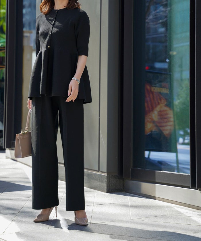 レディース 半袖 サマーニット セットアップ きれいめ 洗える ホワイト ネイビー ブラック M ペプラム 半袖