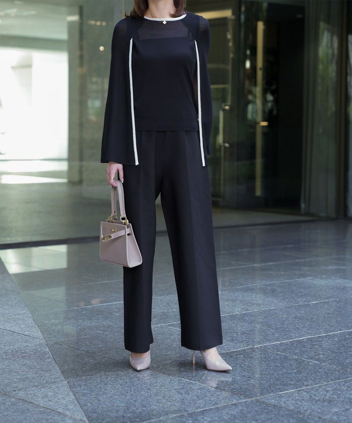 レディース パンツ サマーニット セットアップ きれいめ 洗える ホワイト ネイビー ブラック M ワイド センタープレス