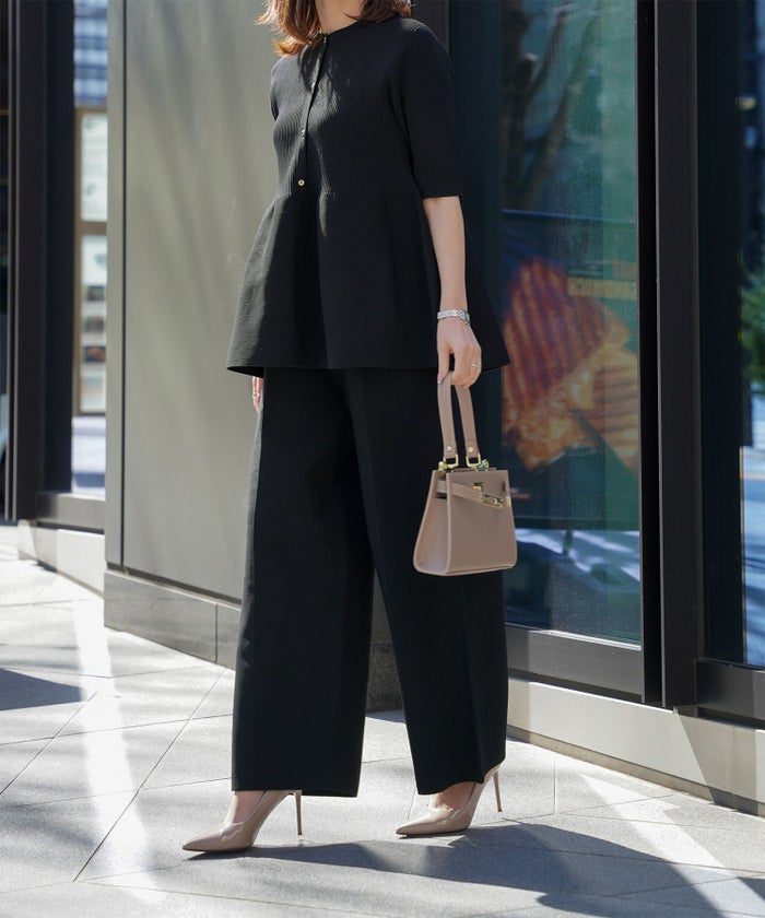 レディース パンツ サマーニット セットアップ きれいめ 洗える ホワイト ネイビー ブラック M ワイド センタープレス