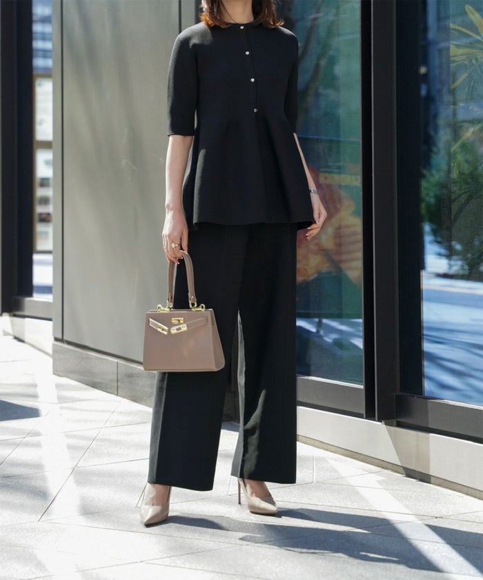 レディース パンツ サマーニット セットアップ きれいめ 洗える ホワイト ネイビー ブラック M ワイド センタープレス