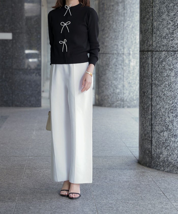 レディース パンツ サマーニット セットアップ きれいめ 洗える ホワイト ネイビー ブラック M ワイド センタープレス