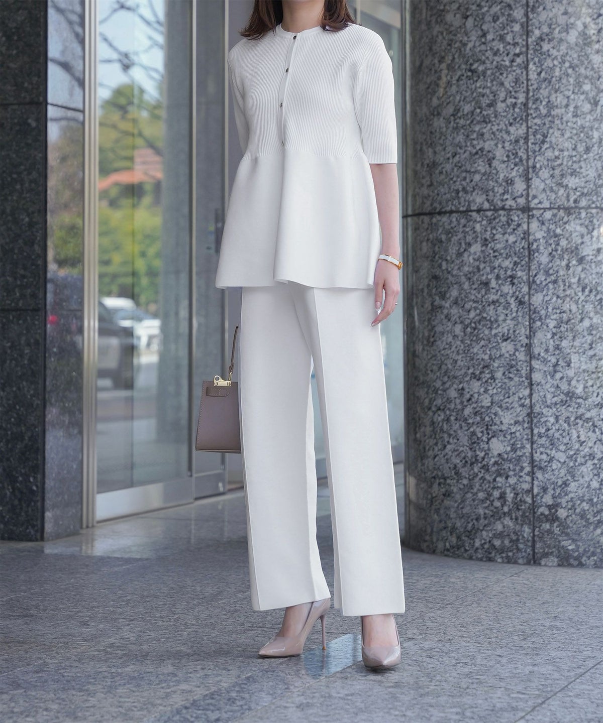 レディース パンツ サマーニット セットアップ きれいめ 洗える ホワイト ネイビー ブラック M ワイド センタープレス