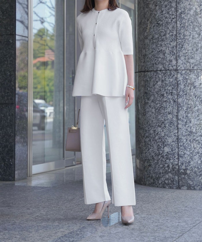 レディース パンツ サマーニット セットアップ きれいめ 洗える ホワイト ネイビー ブラック M ワイド センタープレス