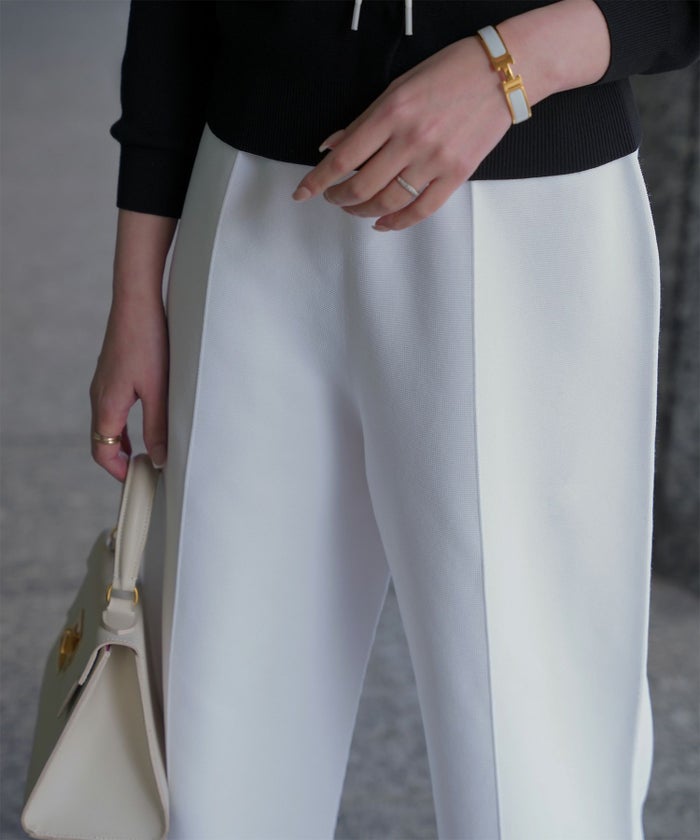 レディース パンツ サマーニット セットアップ きれいめ 洗える ホワイト ネイビー ブラック M ワイド センタープレス