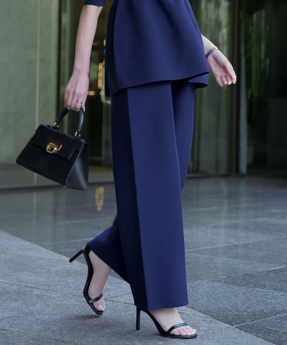 レディース パンツ サマーニット セットアップ きれいめ 洗える ホワイト ネイビー ブラック M ワイド センタープレス