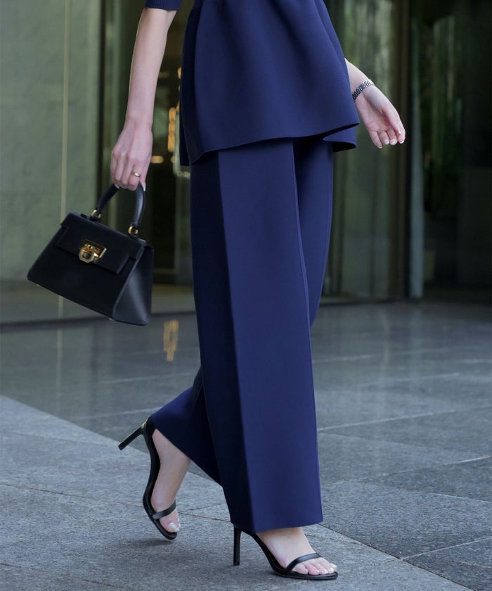 レディース パンツ サマーニット セットアップ きれいめ 洗える ホワイト ネイビー ブラック M ワイド センタープレス