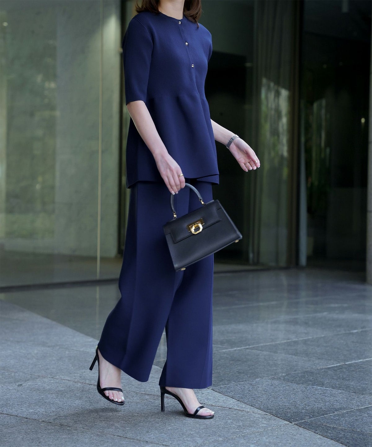 レディース パンツ サマーニット セットアップ きれいめ 洗える ホワイト ネイビー ブラック M ワイド センタープレス