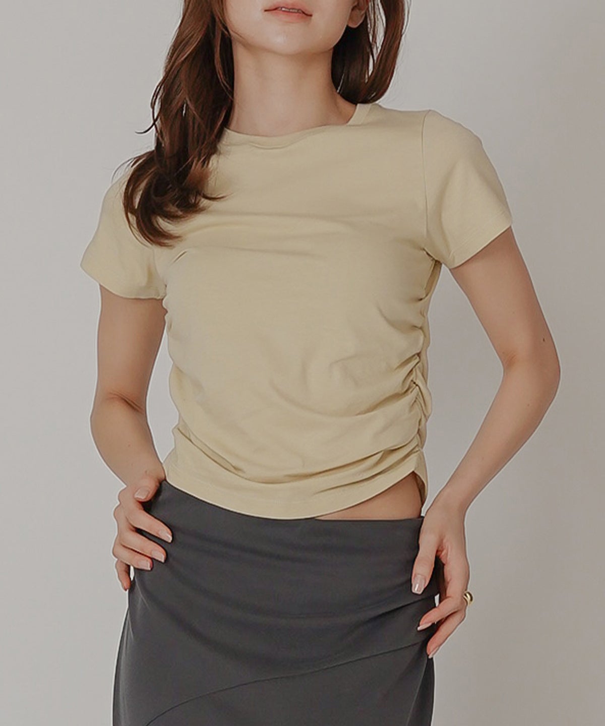フィットTシャツ コンパクトT 半袖トップス きれいめカジュアル 着回し 細見え 華奢見え 韓国風 モード 通勤 デイリー 夏コーデ キノザケイ