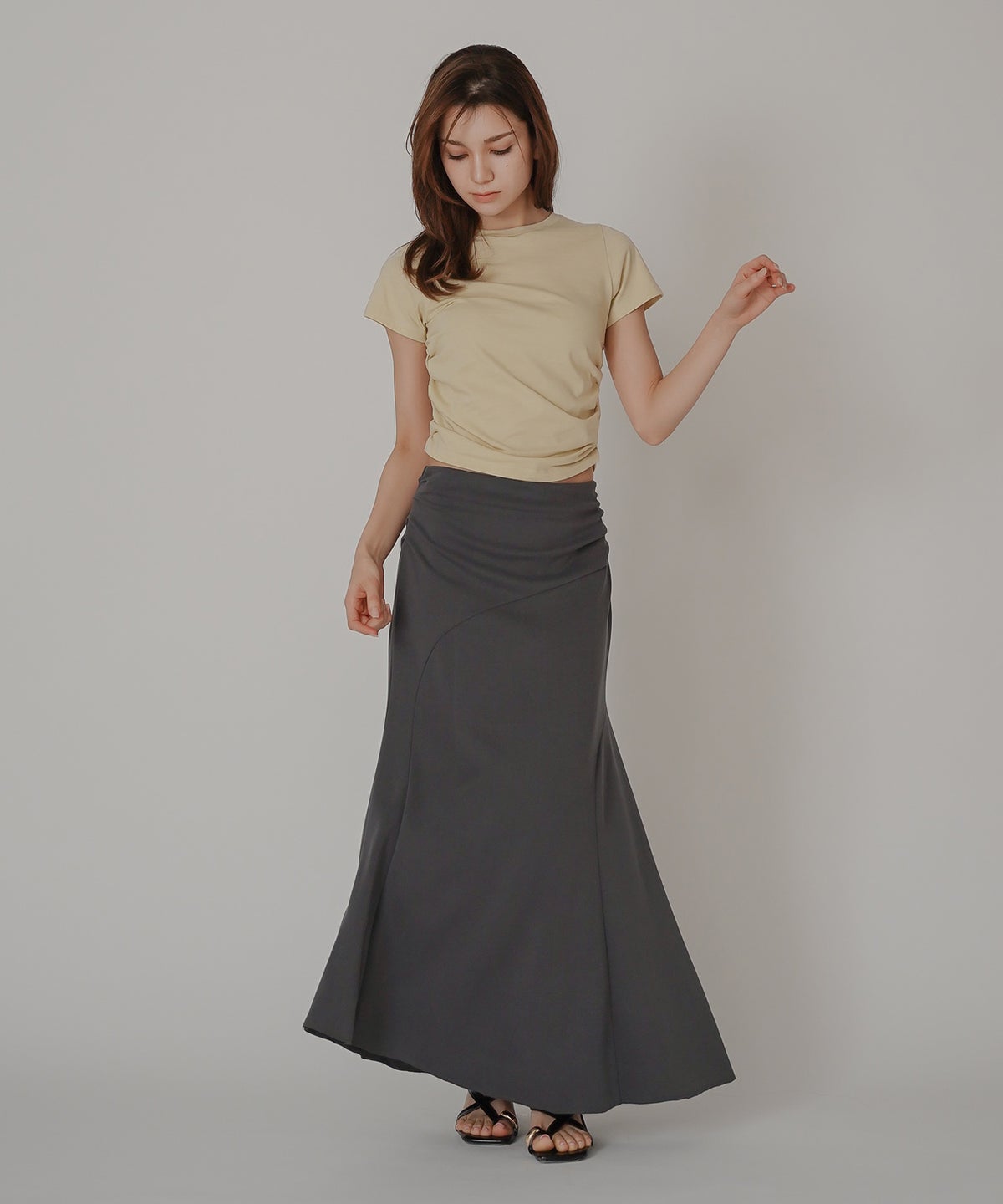 フィットTシャツ コンパクトT 半袖トップス きれいめカジュアル 着回し 細見え 華奢見え 韓国風 モード 通勤 デイリー 夏コーデ キノザケイ