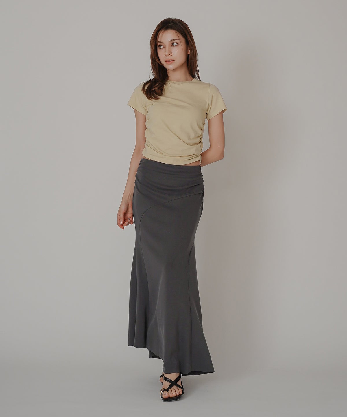 フィットTシャツ コンパクトT 半袖トップス きれいめカジュアル 着回し 細見え 華奢見え 韓国風 モード 通勤 デイリー 夏コーデ キノザケイ