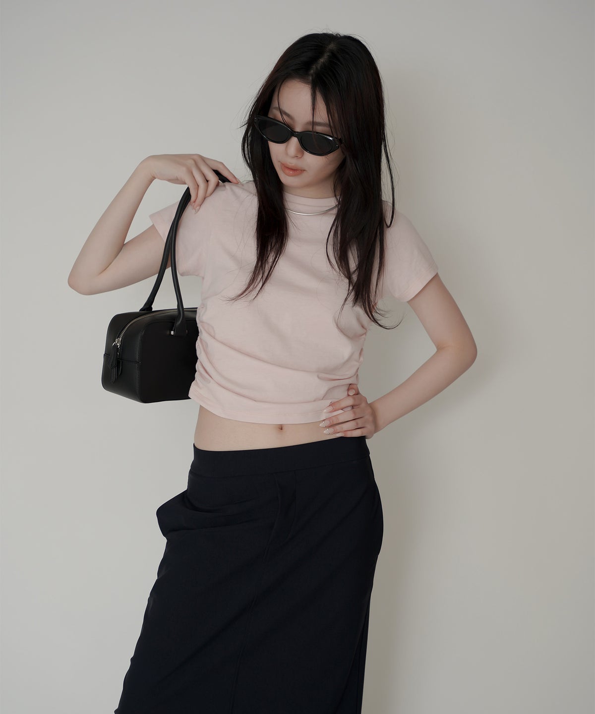 フィットTシャツ コンパクトT 半袖トップス きれいめカジュアル 着回し 細見え 華奢見え 韓国風 モード 通勤 デイリー 夏コーデ キノザケイ
