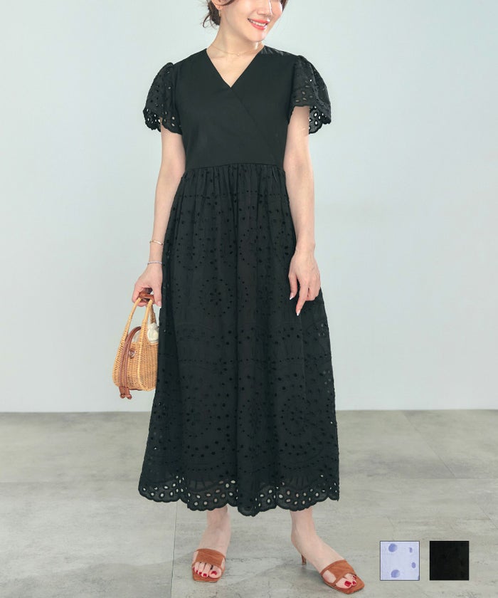 手洗い可 Vネック レース おしゃれ フェミニン ナチュラル 上品 大人可愛い きれいめ 夏 ジョイントスペース カシュクール コットンレース ワンピース Liala×PG