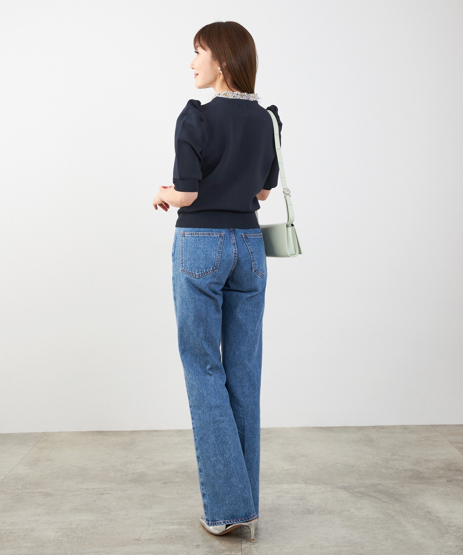 日本製 ルネ ツィードニット半袖カーディガン♡36 美品 22SS Rene ルネ フェイクパール装飾 オープンフロント ボレロ