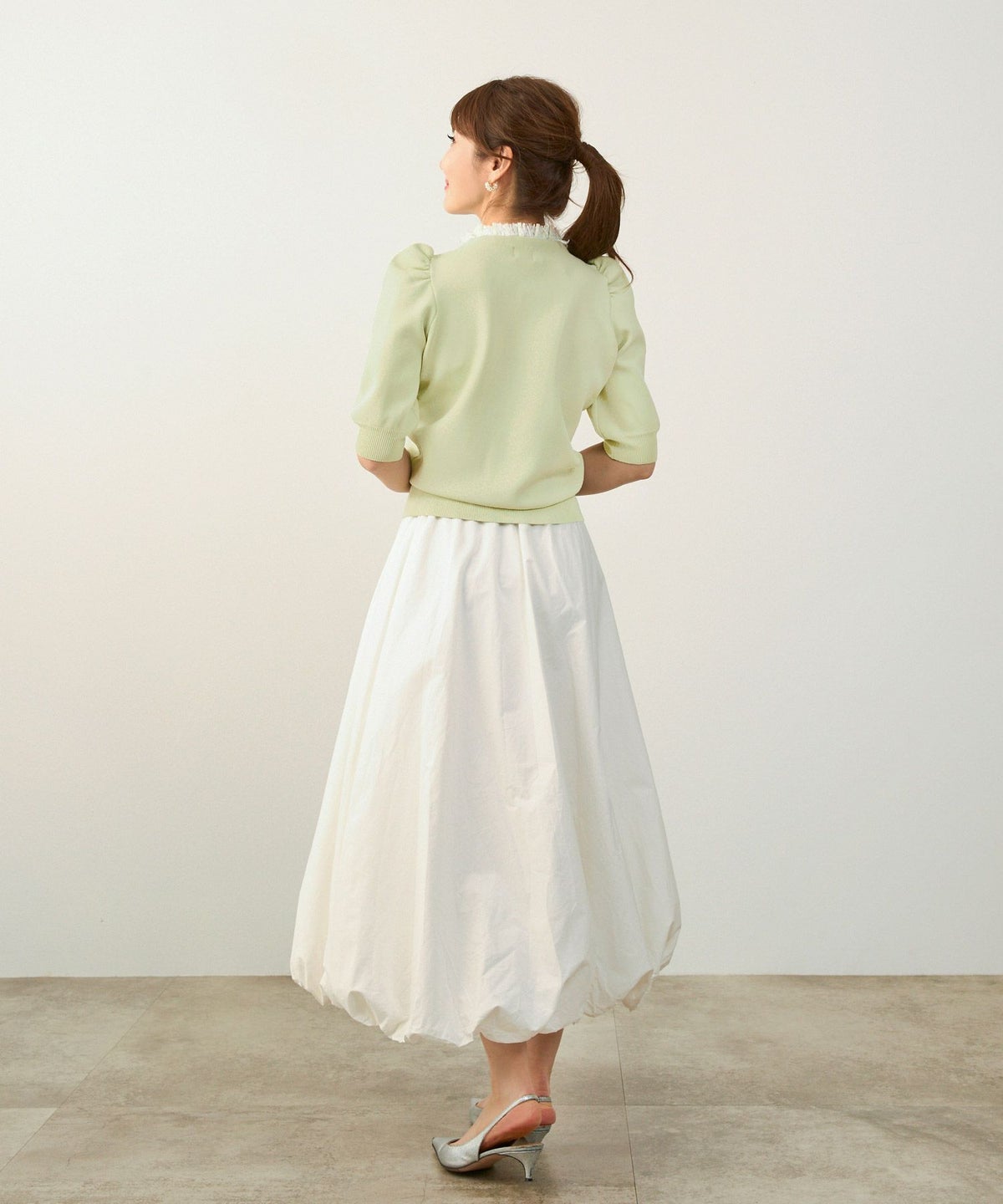 手洗い可体型カバーオフィスラウンドネックパフ袖おしゃれフェミニン上品大人可愛いきれいめシンプルカジュアルジョイントスペース