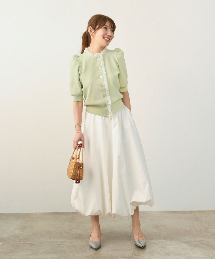 手洗い可体型カバーオフィスラウンドネックパフ袖おしゃれフェミニン上品大人可愛いきれいめシンプルカジュアルジョイントスペース