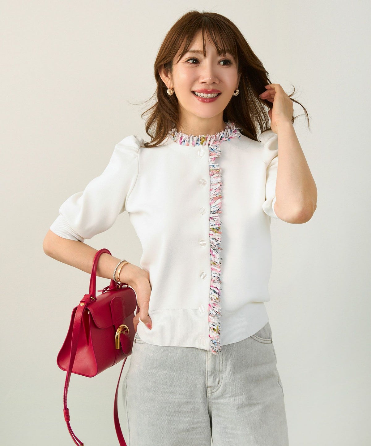 手洗い可体型カバーオフィスラウンドネックパフ袖おしゃれフェミニン上品大人可愛いきれいめシンプルカジュアルジョイントスペース