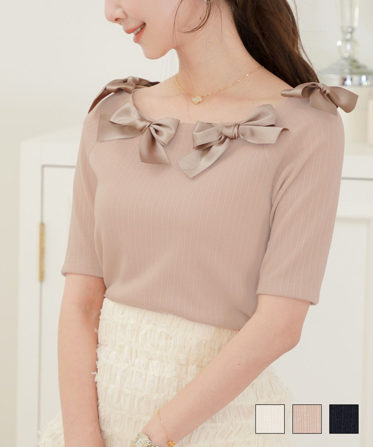 リボンデザインカットソーlerevevanillerアイボリー/ピンクベージュ/ネイビー