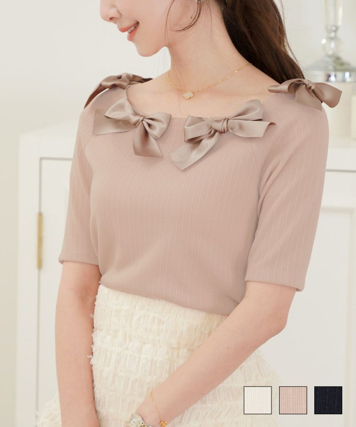レディース トップス カットソー 半袖 春 夏 秋 晩夏 リブ テレコ リボン デザイン 可愛い エレガント フェミニン 上品 アイボリー ピンクベージュ ネイビー 異素材 リボン デザイン カットソー le reve vaniller