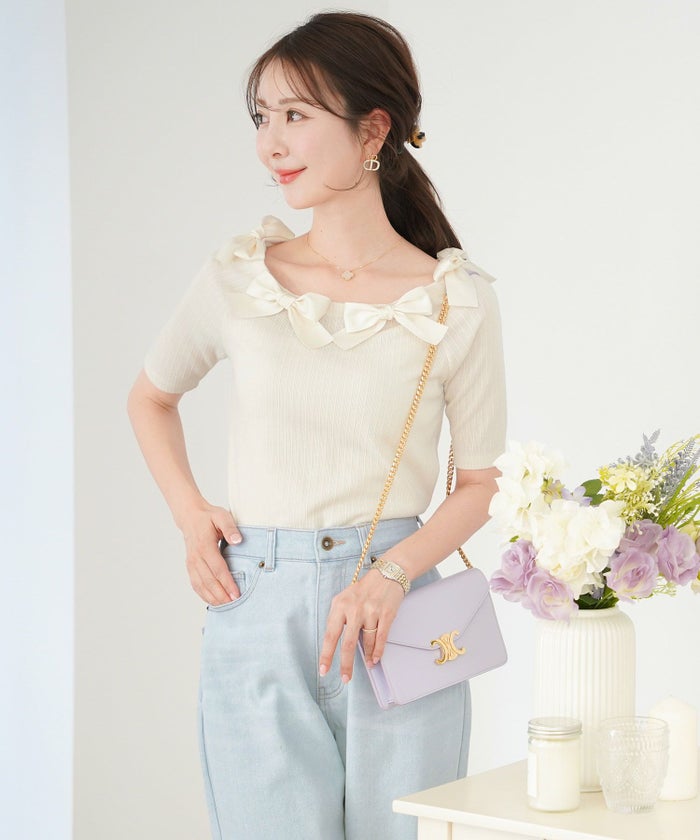 レディース/トップス/カットソー/半袖/春/夏/秋/晩夏/リブ/テレコ/リボン/デザイン/可愛い/エレガント/フェミニン/上品/アイボリー/ピンクベージュ/ネイビー/異素材