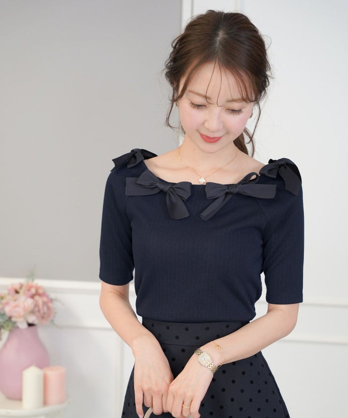 レディース/トップス/カットソー/半袖/春/夏/秋/晩夏/リブ/テレコ/リボン/デザイン/可愛い/エレガント/フェミニン/上品/アイボリー/ピンクベージュ/ネイビー/異素材