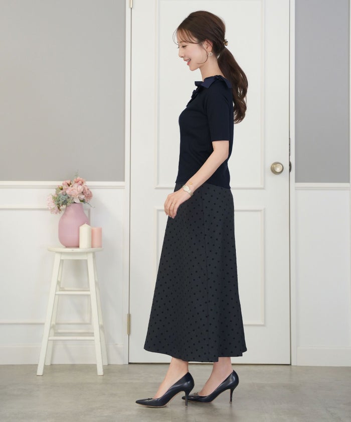 レディース/トップス/カットソー/半袖/春/夏/秋/晩夏/リブ/テレコ/リボン/デザイン/可愛い/エレガント/フェミニン/上品/アイボリー/ピンクベージュ/ネイビー/異素材