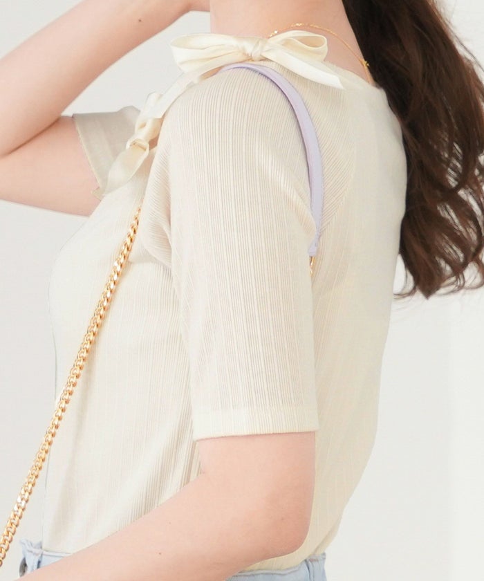 レディース/トップス/カットソー/半袖/春/夏/秋/晩夏/リブ/テレコ/リボン/デザイン/可愛い/エレガント/フェミニン/上品/アイボリー/ピンクベージュ/ネイビー/異素材