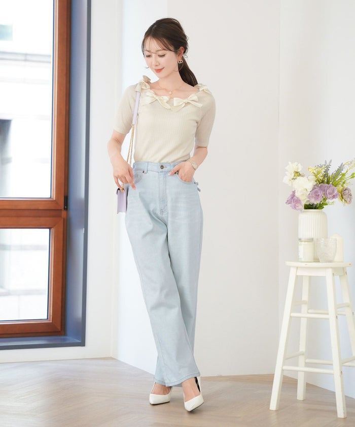 レディース/トップス/カットソー/半袖/春/夏/秋/晩夏/リブ/テレコ/リボン/デザイン/可愛い/エレガント/フェミニン/上品/アイボリー/ピンクベージュ/ネイビー/異素材