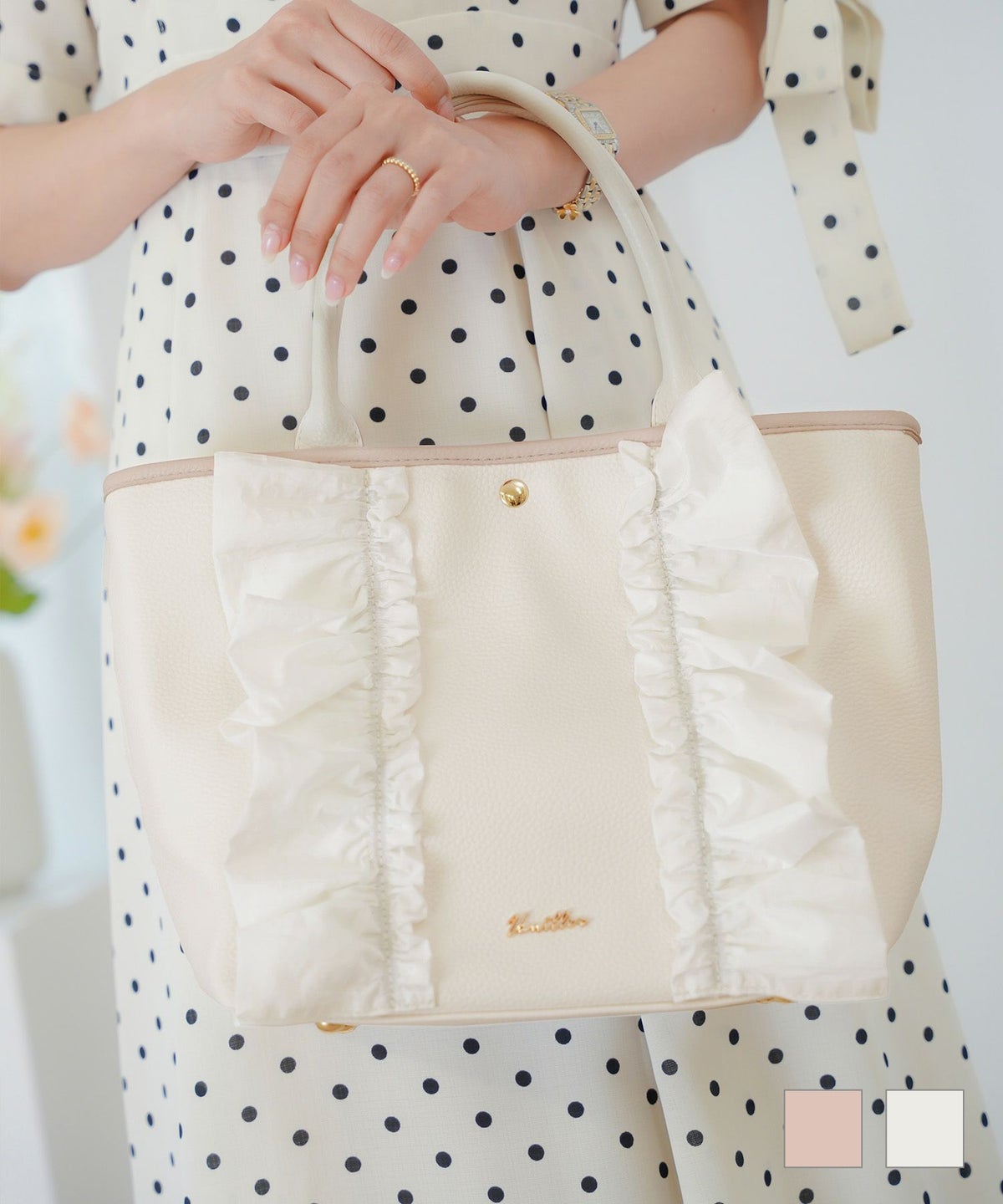 レディース 小物 バッグ トートバッグ 合皮 フェイクレザー しぼ 細ハンドル ショルダー 台形 フリル 異素材 配色 バイカラー ポケット オフホワイト ダスティピンク ピンク 白 上品 エレガント フェミニン フリル レザー トート バッグ le reve vaniller