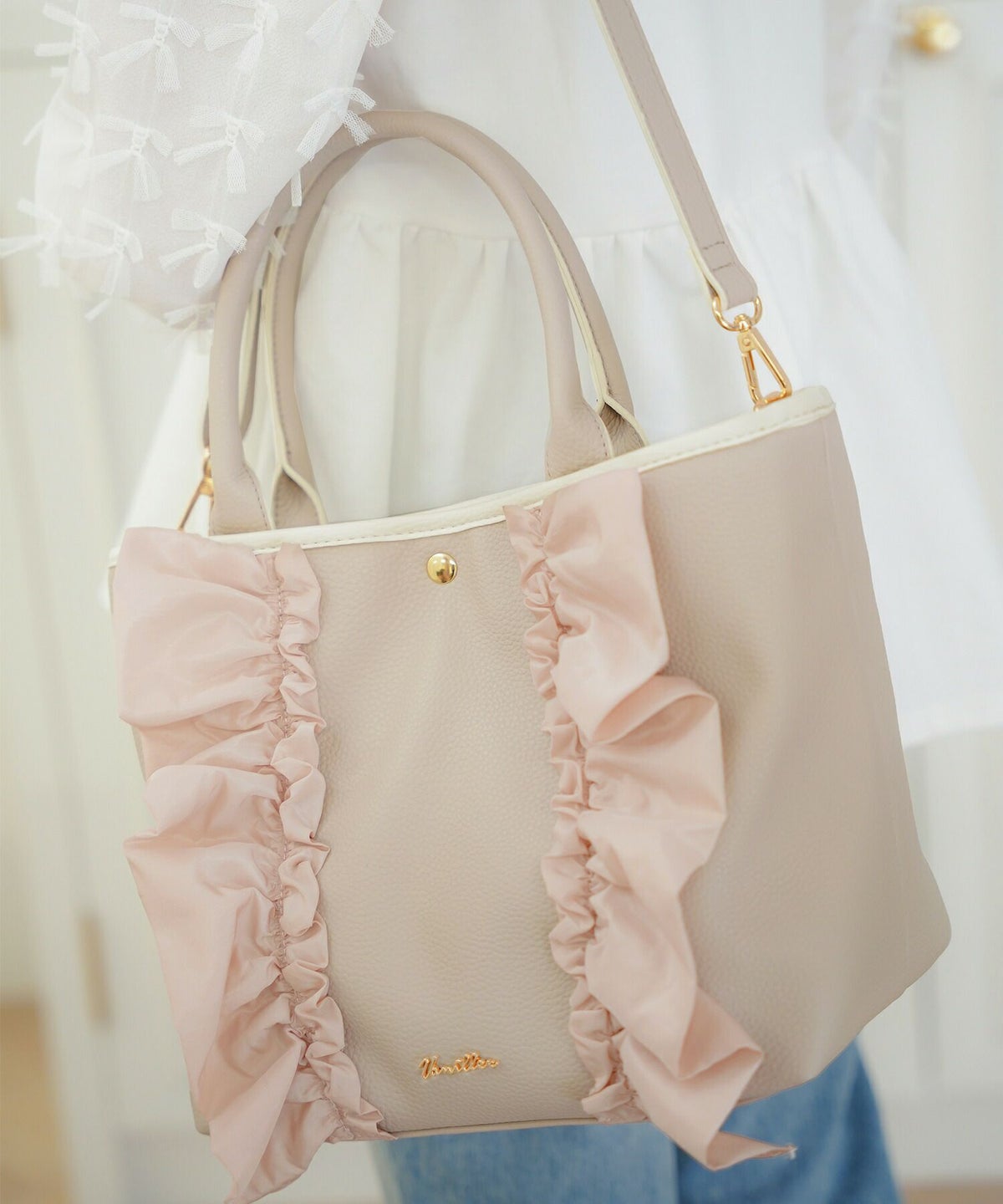 レディース/小物/バッグ/トートバッグ/合皮/フェイクレザー/しぼ/細ハンドル/ショルダー/台形/フリル/異素材/配色/バイカラー/ポケット/オフホワイト/ダスティピンク/ピンク/白/上品/エレガント/フェミニン