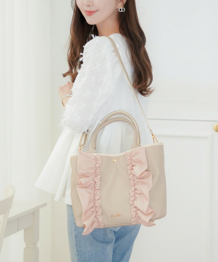 レディース/小物/バッグ/トートバッグ/合皮/フェイクレザー/しぼ/細ハンドル/ショルダー/台形/フリル/異素材/配色/バイカラー/ポケット/オフホワイト/ダスティピンク/ピンク/白/上品/エレガント/フェミニン