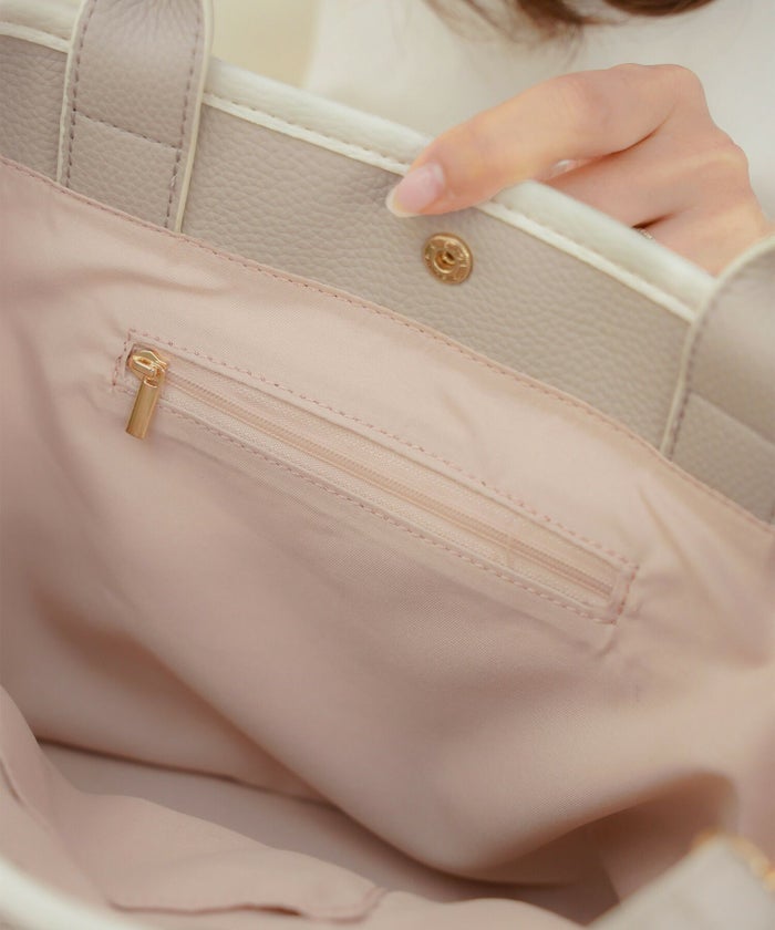 レディース/小物/バッグ/トートバッグ/合皮/フェイクレザー/しぼ/細ハンドル/ショルダー/台形/フリル/異素材/配色/バイカラー/ポケット/オフホワイト/ダスティピンク/ピンク/白/上品/エレガント/フェミニン