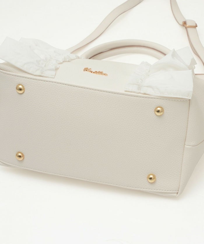 レディース/小物/バッグ/トートバッグ/合皮/フェイクレザー/しぼ/細ハンドル/ショルダー/台形/フリル/異素材/配色/バイカラー/ポケット/オフホワイト/ダスティピンク/ピンク/白/上品/エレガント/フェミニン