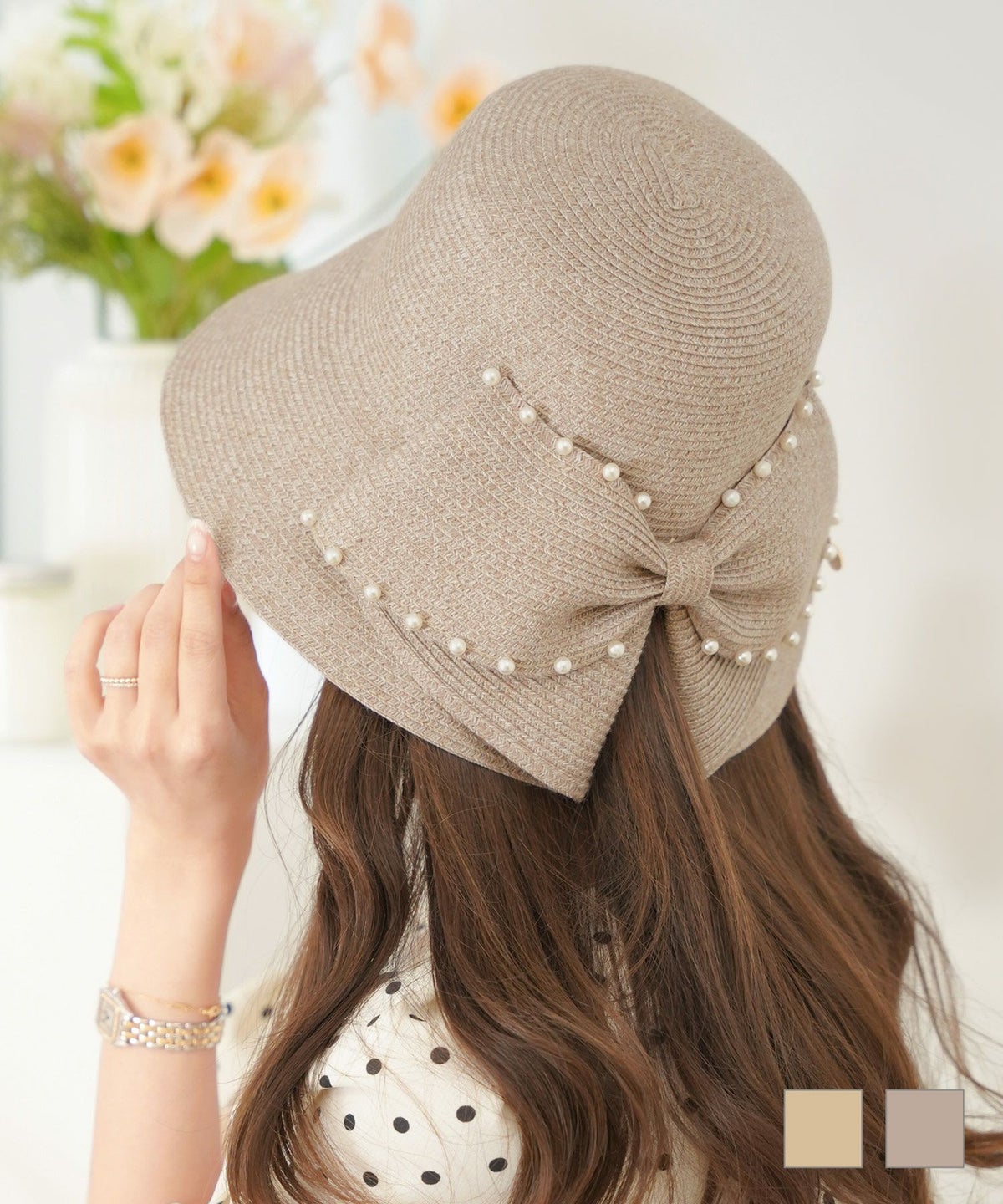 帽子 ハット ストローハット 麦わら 夏 日差し 日除け 軽い 爽やか 手洗い リボン パール ローポニーテール コンパクト 折り畳みOK ベージュ モカ かわいい 上品 エレガント フェミニン バックリボン パール ウォッシャブル ストローハット le reve vaniller
