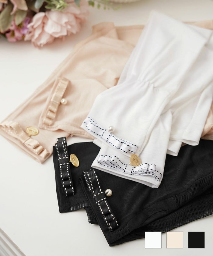 アームカバー 手袋 グッズ リボン付き シースルー アームカバー 2ペア 2組 ロング 腕カバー 日焼け防止 UV対策 冷房対策 ブラック ホワイト ピンクベージュ 黒 白 シアー 透け感 指穴 親指 日焼け対策 セレクト ステッチリボン アームカバー le reve vaniller