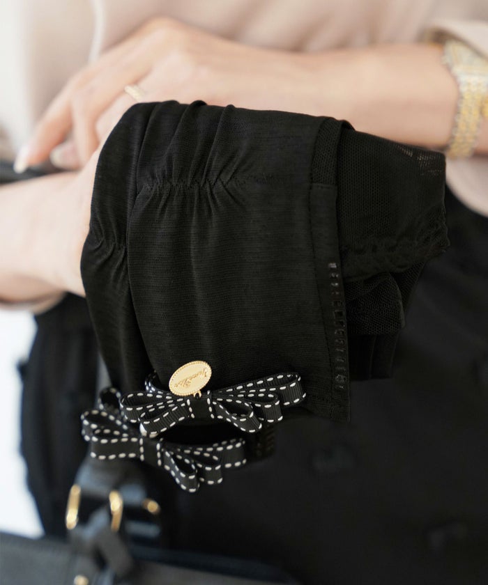 レディース/ファッション/日除け/小物/アームカバー/手袋/グッズ/リボン付き/シースルーアームカバー/2ペア/2組/ロング/腕カバー/日焼け防止/UV対策/冷房対策/ブラック/ホワイト/ピンクベージュ/黒/白/シアー/透け感/指穴/親指/日焼け対策/セレクト