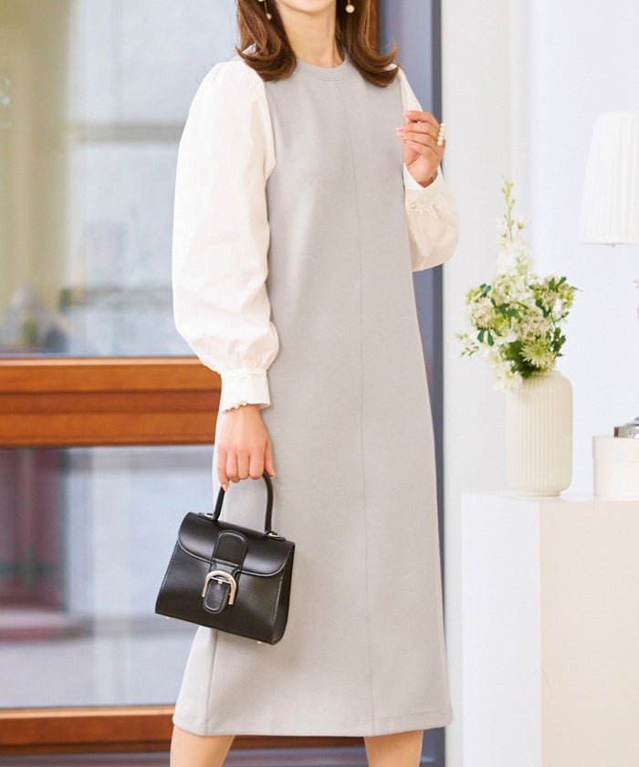 セレクトワンピース長袖きれいめ大人オフィス春秋伸縮性洗えるウォッシャブルIラインかわいいジョイントスペース