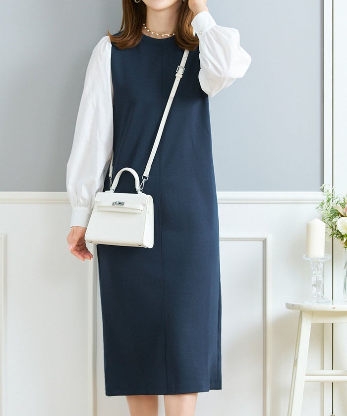 セレクトワンピース長袖きれいめ大人オフィス春秋伸縮性洗えるウォッシャブルIラインかわいいジョイントスペース