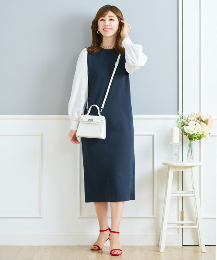 セレクトワンピース長袖きれいめ大人オフィス春秋伸縮性洗えるウォッシャブルIラインかわいいジョイントスペース