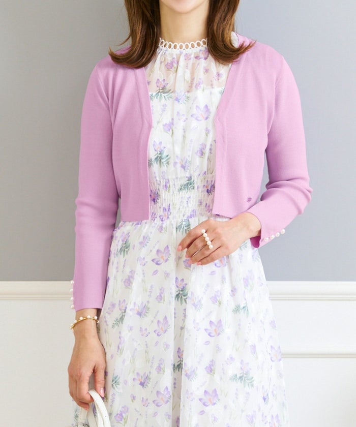 サマーニット トップス 大人 オフィス きれいめ かわいい 白黒 ピンク 羽織り 春夏秋 7分袖 ショート丈 ジョイントスペース