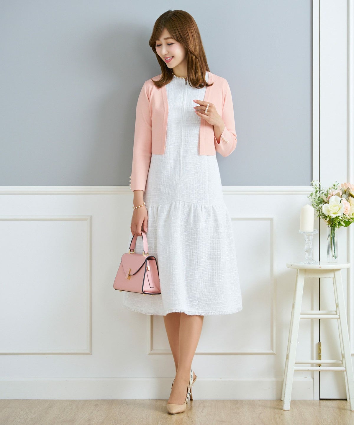 サマーニット トップス 大人 オフィス きれいめ かわいい 白黒 ピンク 羽織り 春夏秋 7分袖 ショート丈 ジョイントスペース