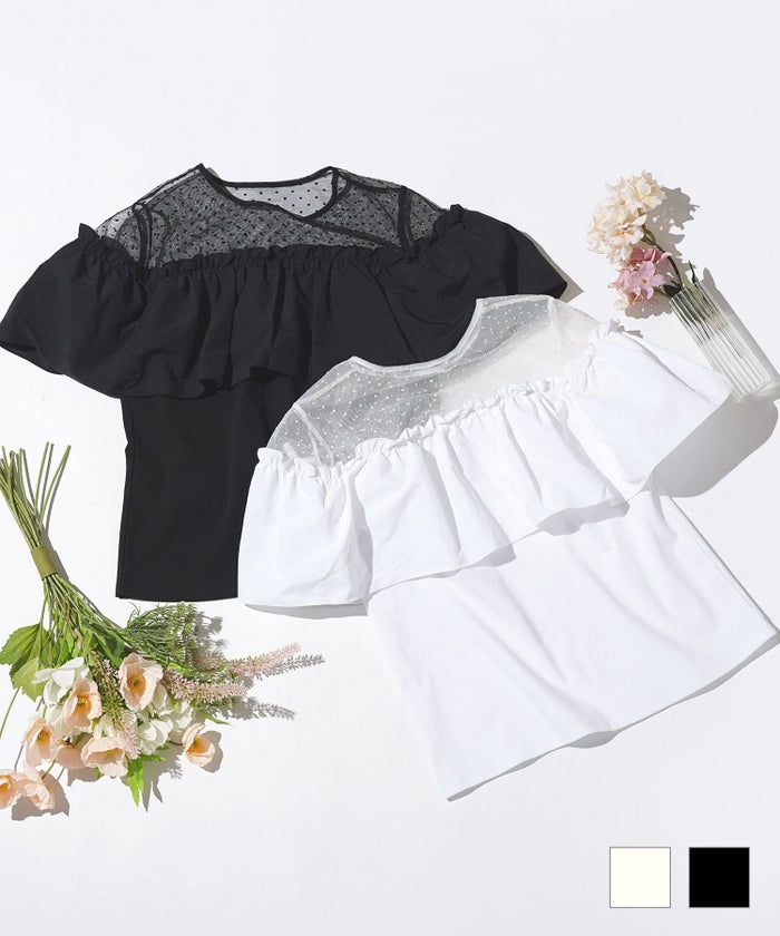 トップス レディース 半袖 夏 大人 かわいい きれいめ チュールレース ラッフルフリル 白黒 上品 ジョイントスペース シアードットコンビ フリル カットソー Prima Scherrer